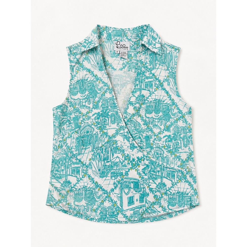 Lilly Pulitzer Womens Turquoise White Tropical Toile Wrap Sleeveless Top Size 4